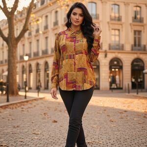 Maggie Sweet Women's Gold and Red Patterned Button Down Shirt